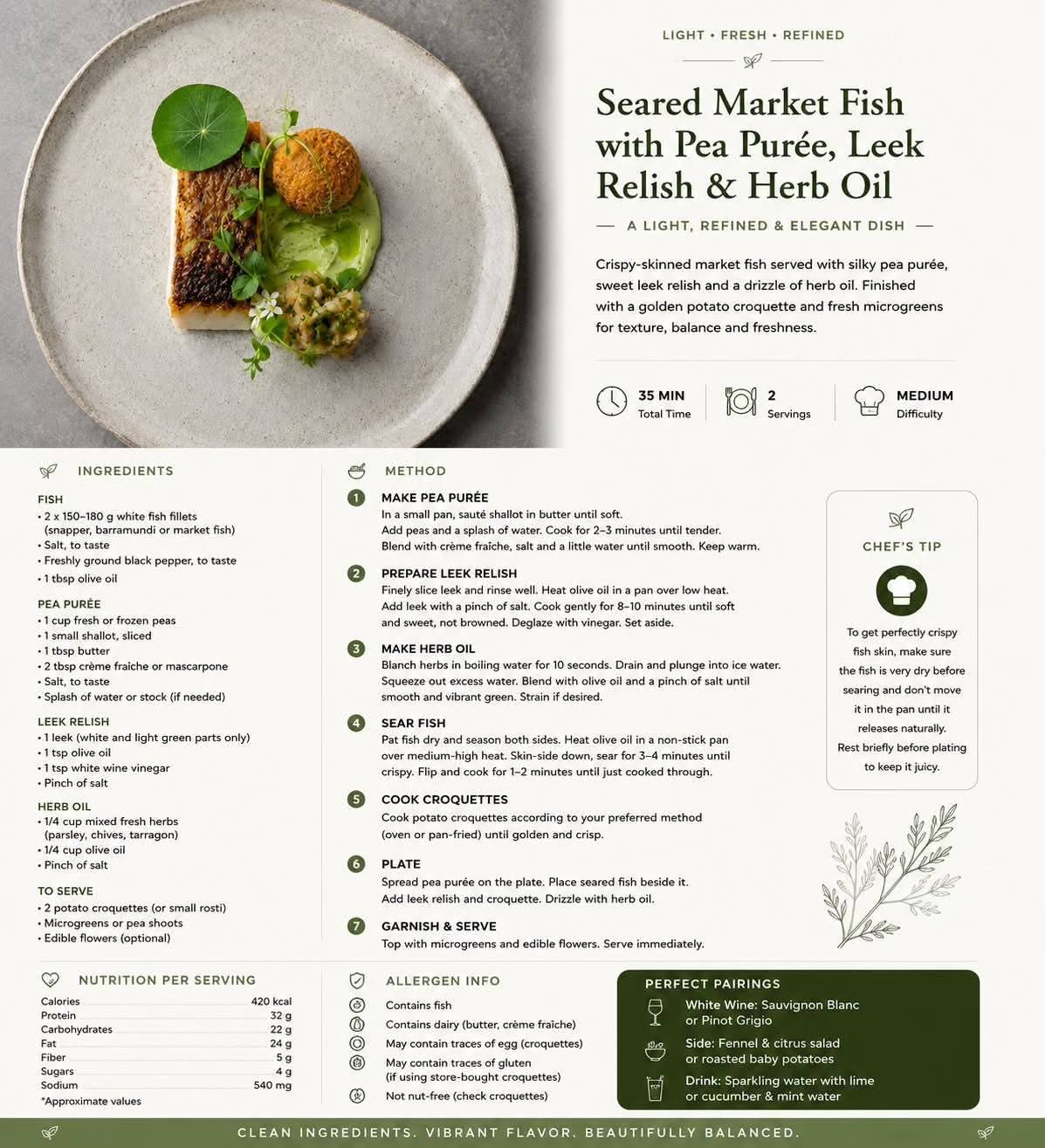 Market fidh with pea puree and leeks
