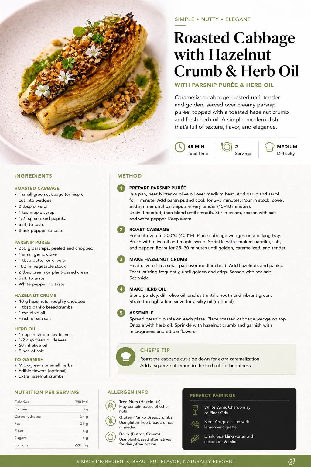 Roasted cabbage with hazelnuts and herb oil